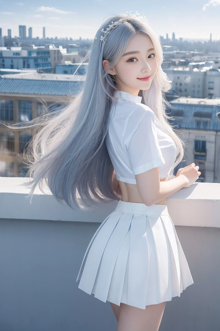official art, masterpiece, Sharp focus beautiful gorgeous cute korean woman:1.3), (beautiful and cute korean:1.3), Korean beauty, exquisite beautiful hair、eyes and face, actual, Super detailed, beautiful girl, Luminous white particles, (side light:1.2), sunshine, Baiyun, Detailed cloud, Slender, buttocks, smile with teeth, ((smile with eyes, open your eyes)), landscape, long, straight hair, sexy facial expression, architecture, (city View:1.7), dynamic hair, Delicate white hair, Luminous Blue Eyelue Pleated Shirt + Short white skirt), white stockings, pale skin, hair accessories, epic landscape,night,Nice butt,,The skirt was lifted,露出buttocks,highest resolution,High heel。