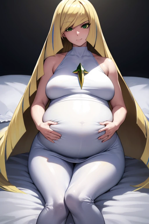 pokemonlusamine, pokemonlusamine, blonde hair, (green eyes:1.5), hair over one eye, long hair, multicolored hair, streaked hair, very long hair, smile,
BREAK bare arms, diamond (shape), dress, gem, green gemstone, leggings, short dress, sleeveless, sleeveless dress, white dress, white leggings,
BREAK looking at viewer, upper body, full body,
BREAK indoors,
BREAK (masterpiece:1.2), best quality, high resolution, unity 8k wallpaper, (illustration:0.8), (beautiful detailed eyes:1.6), extremely detailed face, perfect lighting, extremely detailed CG, (perfect hands, perfect anatomy), big belly, huge belly, hyper pregnant, (hyper pregnant:1.6), large belly, vore, (vore:1.3), (barriga perfecta), (big belly:1.5), (pregnant:1.3), (Manos perfectas, Perfect anatomy), (barriga con forma humana), extremely detailed CG, (perfect hands, perfect anatomy),