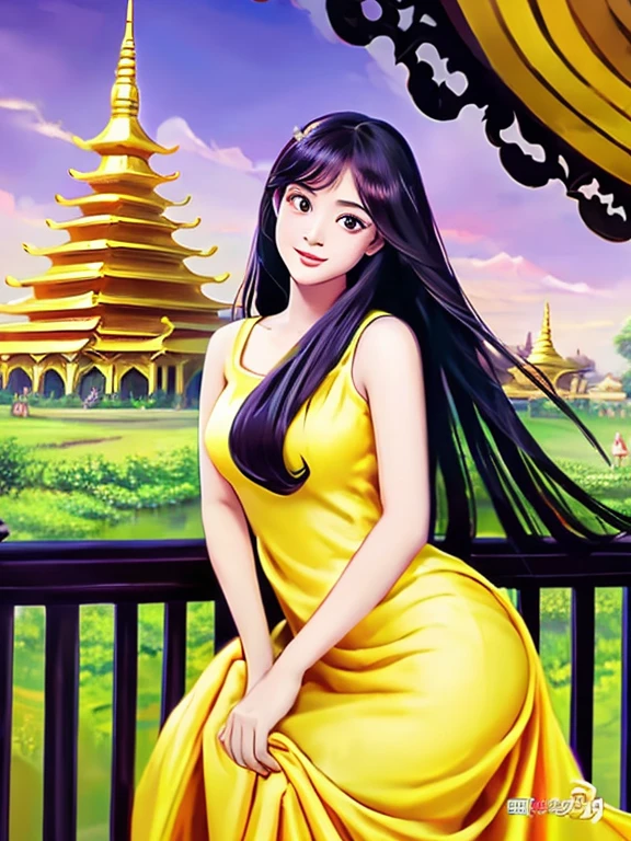 masterpiece, best quality, girl, solo, ((mature female)),, long hair, hair, princess,(upper yellow lower purple) silk dress black dress(dress) (golden dress) fantasy, happy, looking at viewer, cartoon, anime, (oil painting)Burmese girl, 18 years old, Bagan pagoda view background, clear Hd 8k