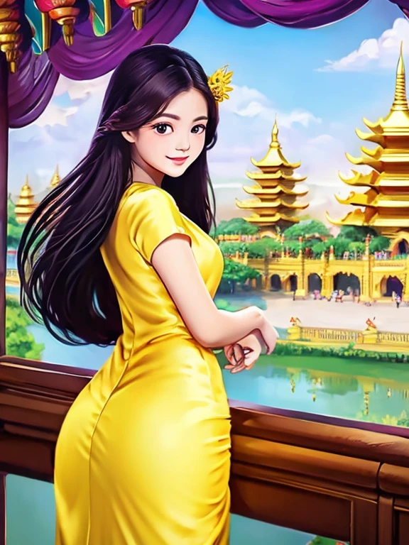 masterpiece, best quality, girl, solo, ((mature female)),, long hair, hair, princess,(upper yellow lower purple) silk dress black dress(dress) (golden dress) fantasy, happy, looking at viewer, cartoon, anime, (oil painting)Burmese girl, 18 years old, Bagan pagoda view background, clear Hd 8k