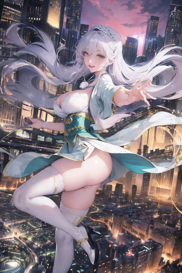 official art, masterpiece, sharp focus, (Beautiful gorgeous lovely Korean women:1.3), (beautiful and cute korean:1.3), Korean beauty, exquisite beautiful hair、eyes and face, actual, Super detailed, beautiful girl, blue sky, Luminous white particles, (side light:1.2), sunshine, Baiyun, Detailed cloud, thin and long, Lovely big breasts and big butt, smile with teeth, ((smile with eyes, open your eyes)), landscape, long, straight hair, sexy facial expression, architecture, (city View:1.7), dynamic hair, very long, straight hair, Delicate platinum silver hair, glowing green eyes, Short pink skirt, white stockings, pale skin, hair accessories, epic landscape,High heel