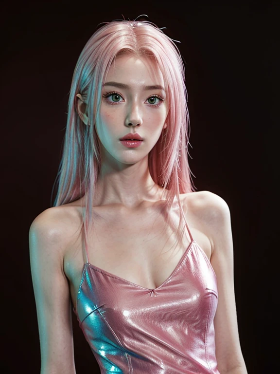 young woman, long pink hair, wide forehead, porcelain skin, pink eyebrows, big emerald green eyes, buttoned nose, thick lips, heart-shaped face, slender body, small breasts, pink leather dress, Sakura Haruno, realistic, realism black details 3d
