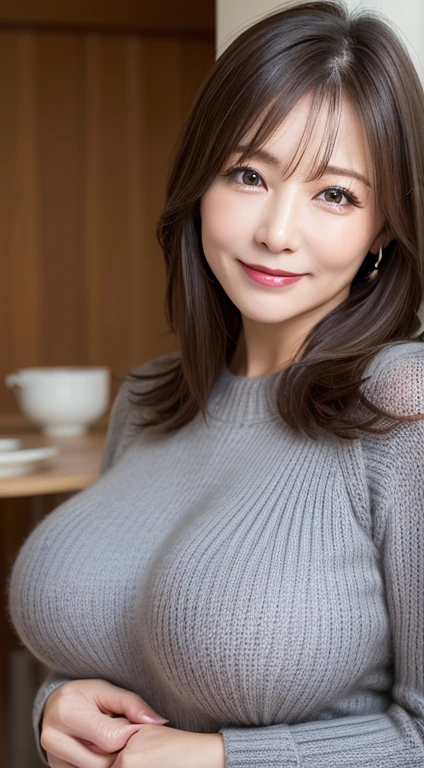 table top, highest quality, Photoreal, finely, High resolution, 8k wallpaper, perfect dynamic composition, beautiful and fine eyes, medium hair, big and full breasts, random sexy poses,random situation、(Tight gray knitwear)、(Breast bulge 1.2)、smile、50age、(droopy eyes 1.3)、Mature adult beauties、Japanese