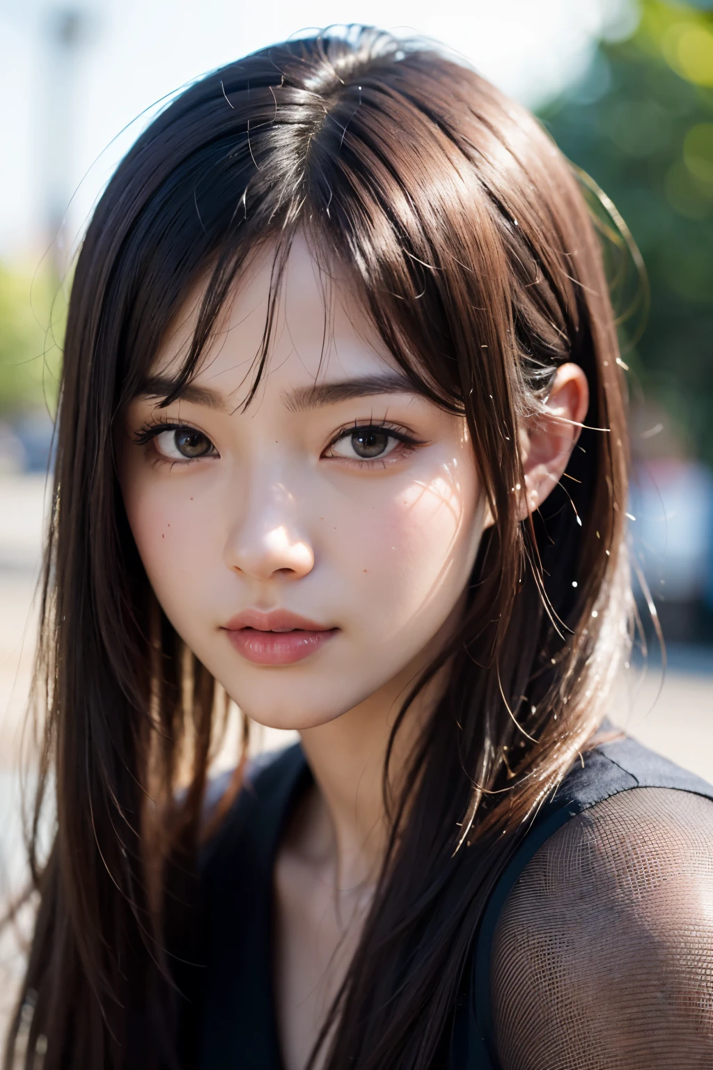 (masterpiece, highest quality, hire, High resolution:1.2), (very detailed, intricate details, High resolution), (medium close-up:1.2) Portrait above (Tokyo street sunny background:1.2), (medium shot:1.2), (face focus:1.1), (soft focus:1.2), Low illumination, (out of focus:1.2), Bokeh, f1.4, 40mm, realistic, born, 8K, ((rough skin:1.1, skin pores:0.3, realistic skin:1.1)), intricate details, 1 girl, (super clear image), black hair, Perm Straight Hairstyles, very beautiful girl,
