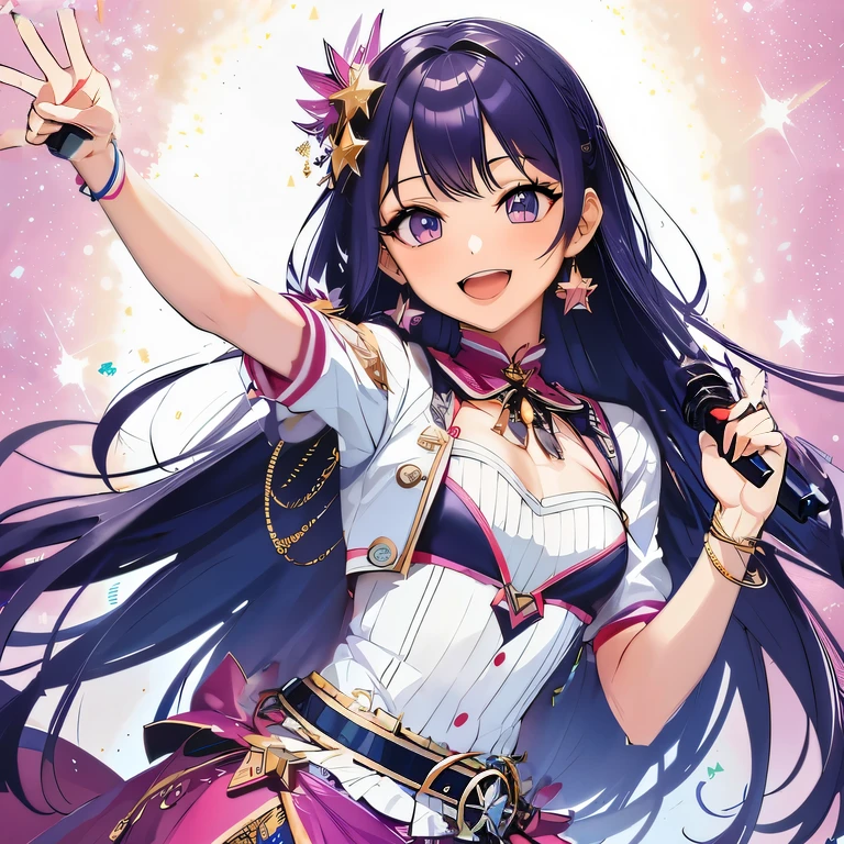 peace sign、Holding a microphone、moon shaped belt