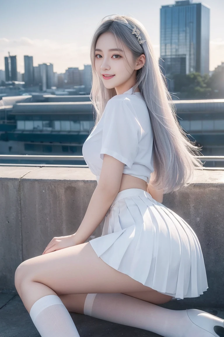 official art, masterpiece, Sharp focus beautiful gorgeous cute korean woman:1.3), (beautiful and cute korean:1.3), Korean beauty, exquisite beautiful hair、eyes and face, actual, Super detailed, beautiful girl,  Luminous white particles, (side light:1.2), sunshine, Baiyun, Detailed cloud, Slender, buttocks, smile with teeth, ((smile with eyes, open your eyes)), landscape, long, straight hair, sexy facial expression, architecture, (city View:1.7), dynamic hair, Delicate white hair, Luminous Blue Eyelue Pleated Shirt + Short white skirt), white stockings, pale skin, hair accessories, epic landscape,night，Nice butt，，The skirt was lifted，，highest resolution，High heel。