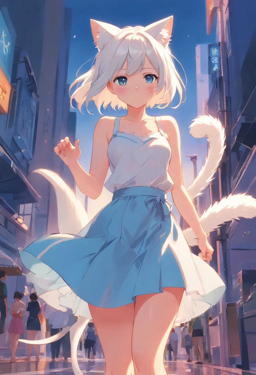 A woman with short white hair, cat ears, a tail, who was crying, fussing, a white dress, a long light blue skirt.