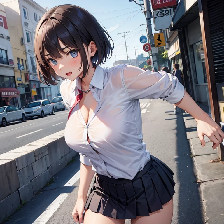 A high school girl with short cut hair wearing a mini-skirt uniform, her blouse wet and her pink bra showing through and an embarrassing expression on her face.
