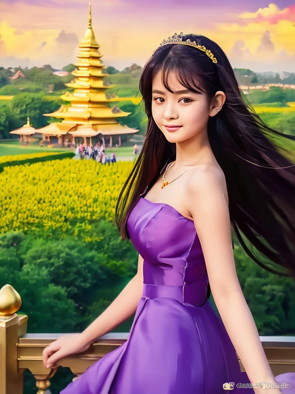 masterpiece, best quality, girl, solo, ((mature female)),, long hair, hair, princess,(upper yellow lower purple) silk dress black dress(dress) (golden dress) fantasy, happy, looking at viewer, cartoon, anime, (oil painting)Burmese girl, 18 years old, Bagan pagoda view background, clear Hd 8k