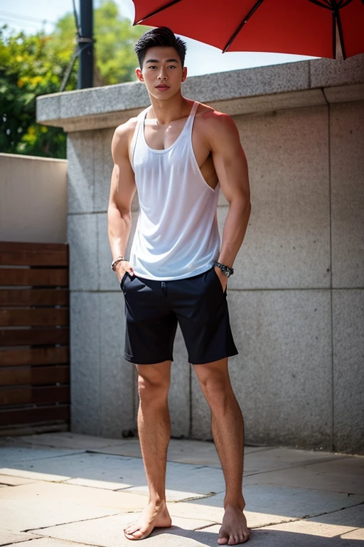 man thai handsome in shorts and a tank top standing under an umbrella, handsome chad chin, wearing a low cut tanktop, wearing a tanktop, asian male, wearing tanktop, rick dai, south korean male, mid-shot of a hunky, male model, beautiful young man, wearing tank top, thin young male, wearing : tanktop