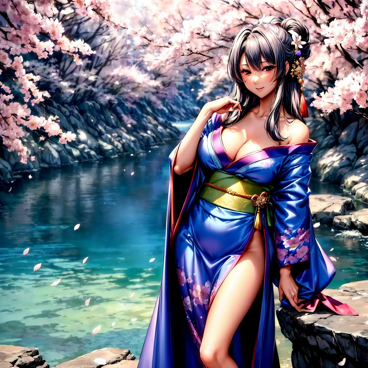 (((highest quality、masterpiece、8K quality,very high resolution)))、(A woman of perfect and ultimate beauty:18-year-old:Yamato Nadeshiko)、(beautiful face:smile、beautiful hair:Japanese hair decoration、beautiful body:Slender and beautiful breasts)、(best skin and hair texture)、(Beautiful Japan kimono:Japanese patterns and colors:Kimono sleeves and obi are long,Exposed shoulders from kimono,I can see the cleavage,I can see my thighs,whole body,Hair flutters under the influence of the wind,The sleeves and obi of the kimono flap in the wind.),(Mysterious waterfront:There are beautiful cherry blossoms and waterfalls,Fantastic night sky and beautiful full moon,beautiful scenery,beautiful scenery,Beautiful colors)、bijinga,(beautiful pose,various camera angles、model shoot),Overall image、accurate anatomy:1.2、accurate image:1.2、highly detailed images、perfect image、Image without defects、natural soft light、beautiful images、(best shot:1.2,RAW photo:1.2)