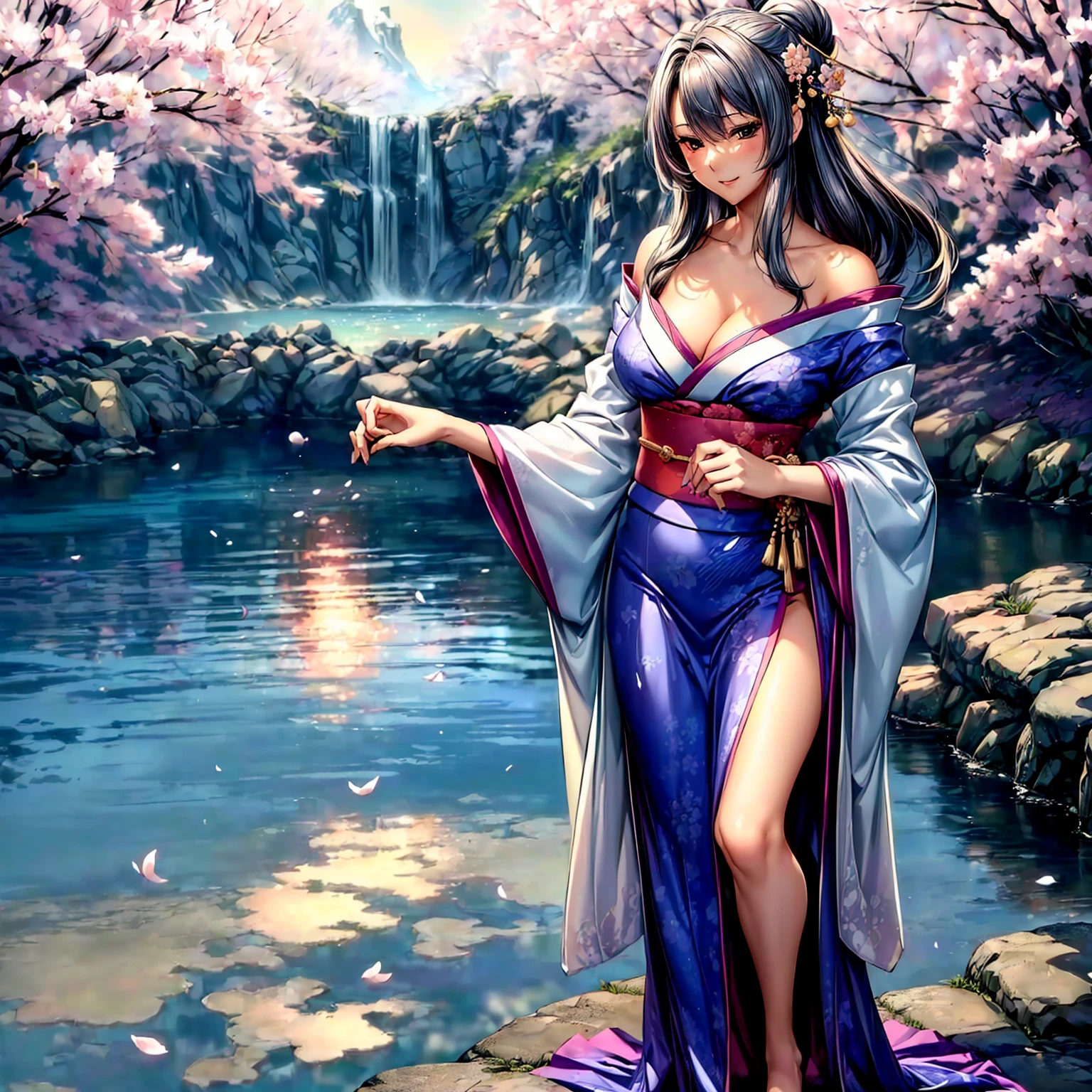 (8K ,Ultra-detailed,Super real photoest masterpiece,Nature,perfect work of art,perfect female body),loose clotheare shoulders、How to wear a damaged see-through kimono、Decorated with intricate patterns and bright colors、Transparent material,Leave skin glowing、穿着薄湿布和clear skin的和服女人的艺术表现, Floral and fantastic patterns with sheer traditional flowing and silky skin。Her dress elegantly covered her graceful curves、Highlight your charming silhouette。It's a gentle night of fireworks、dynamic poses、Strike a sexy pose、Bathed in the soft moonlight。The scene is、With a touch of mystery and sensibility、Exudes an ethereal and dreamy atmosphere。The style of the image is、It blends watercolor and digital illustration techniques.、Let you feel the exquisite beauty and charm。Sophisticated on the outside、Cast soft highlights and shadows onto flattering features。dynamic poseold gesture、hand somewhere、see through、show through、to sexy、wet头发、wet、Cerejeira Petallor under the cherry trees、Cherry tree、Sakura Blizzard、bury、clear skin、wet clothereast lift、