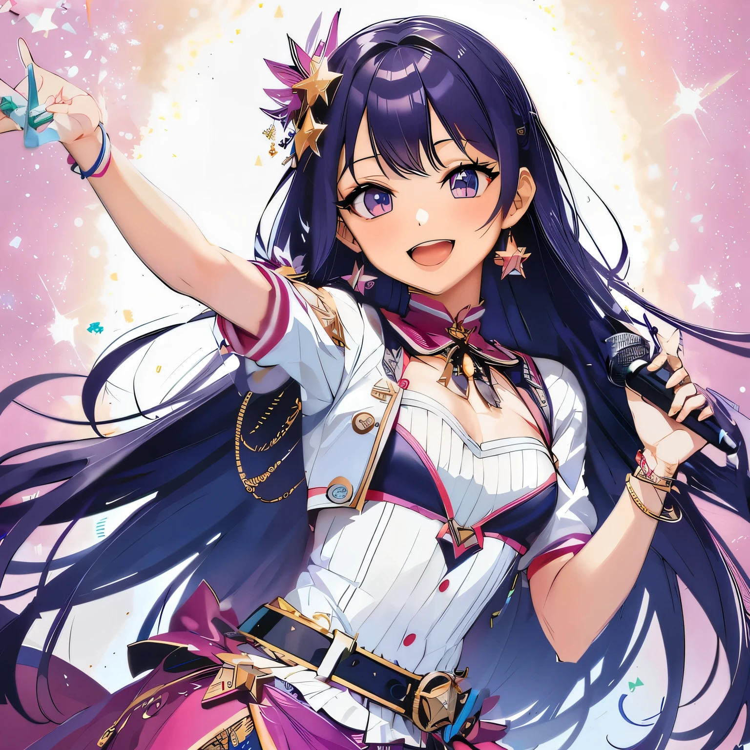 peace sign、Holding a microphone、moon shaped belt