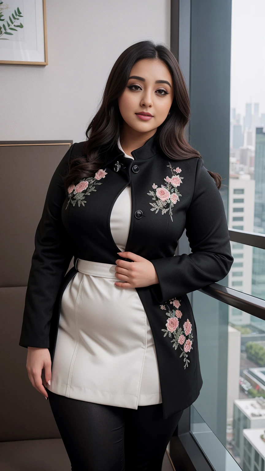 Monali Thakur bengali beautiful actress sexy curvy plus size huge figure woman in a SHEIN Frenchy Lapel Neck Double Breasted Belted Overcoat in black color, different Type standing position, busty, ???????????, mid body shot, round belly, thick body, luxury hotel room background, Aegis Amaterasu Embroidery, head to Thai view, big m-cup huge breast.