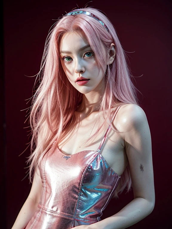 young woman, long pink hair, wide forehead, porcelain skin, pink eyebrows, big emerald green eyes, buttoned nose, thick lips, heart-shaped face, slender body, small breasts, pink leather dress, Sakura Haruno, realistic, realism black details 3d
