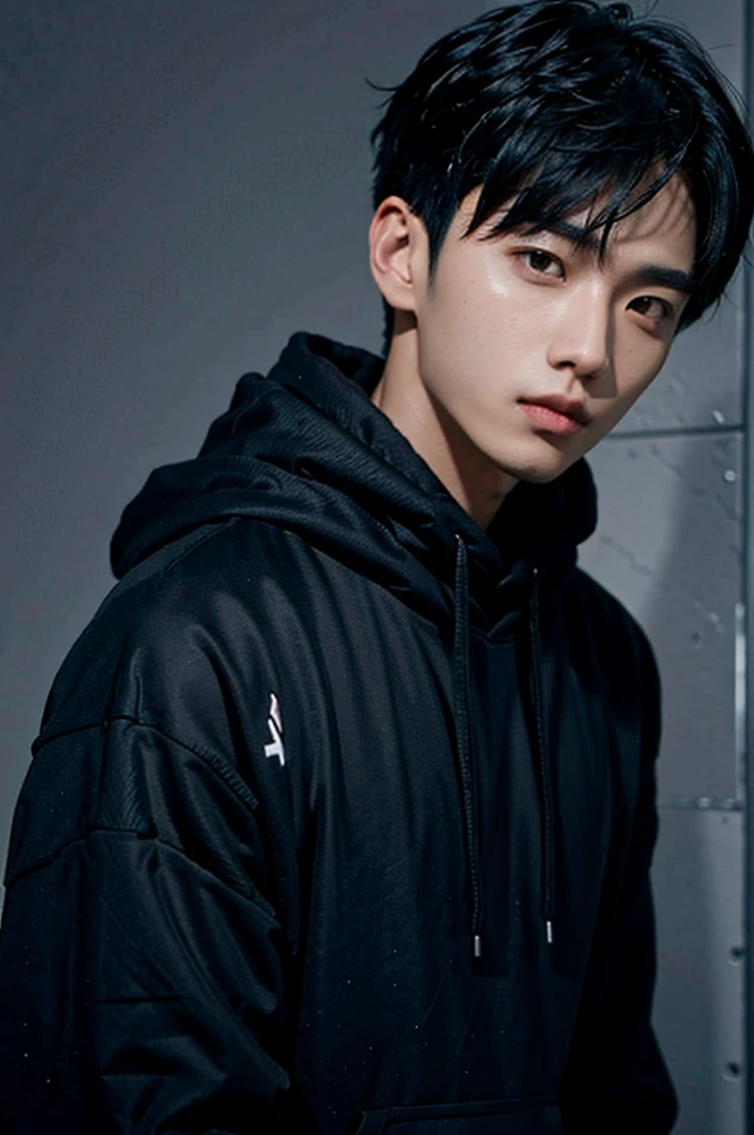 a man with a black hoodie, male ulzzang , thin face, headshot profile picture, boy has short black hair
