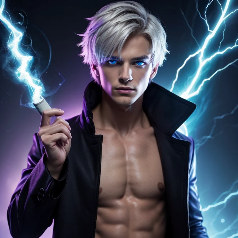 1boy, aura, biribiri, black_background, blue_eyes, blue_fire, blurry, cigarette, coat, crystal, electricity, energy, glowing, glowing_eye, hair_between_eyes, high_collar, holding, holding_cigarette, lightning, long_sleeves, looking_at_viewer, magic, male_focus, purple_coat, simple_background, solo, upper_body, white_hair