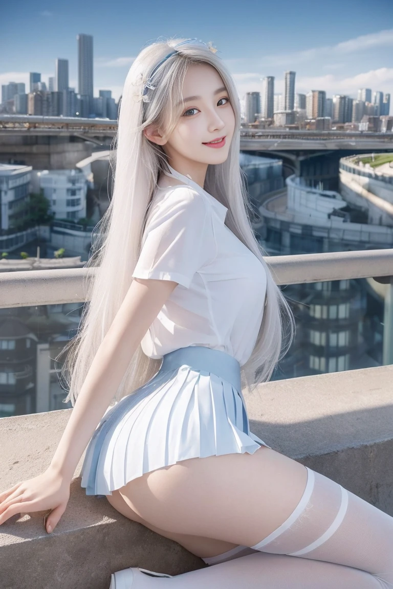 official art, masterpiece, Sharp focus beautiful gorgeous cute korean woman:1.3), (beautiful and cute korean:1.3), Korean beauty, exquisite beautiful hair、eyes and face, actual, Super detailed, beautiful girl, Luminous white particles, (side light:1.2), sunshine, Baiyun, Detailed cloud, Slender, buttocks, smile with teeth, ((smile with eyes, open your eyes)), landscape, long, straight hair, sexy facial expression, architecture, (city View:1.7), dynamic hair, Delicate white hair, Luminous Blue Eyelue Pleated Shirt + Short white skirt), white stockings, pale skin, hair accessories, epic landscape,night,Nice butt,Beautiful buttocks,The skirt was lifted,,highest resolution,High heel,thin body。