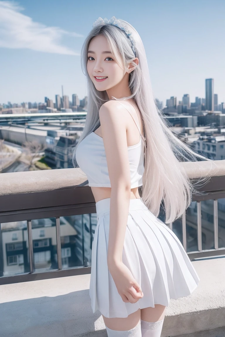 official art, masterpiece, Sharp focus beautiful gorgeous cute korean woman:1.3), (beautiful and cute korean:1.3), Korean beauty, exquisite beautiful hair、eyes and face, actual, Super detailed, beautiful girl, Luminous white particles, (side light:1.2), sunshine, Baiyun, Detailed cloud, Slender, buttocks, smile with teeth, ((smile with eyes, open your eyes)), landscape, long, straight hair, sexy facial expression, architecture, (city View:1.7), dynamic hair, Delicate white hair, Luminous Blue Eyelue Pleated Shirt + Short white skirt), white stockings, pale skin, hair accessories, epic landscape,night,Nice butt,,The skirt was lifted,,highest resolution,High heel。