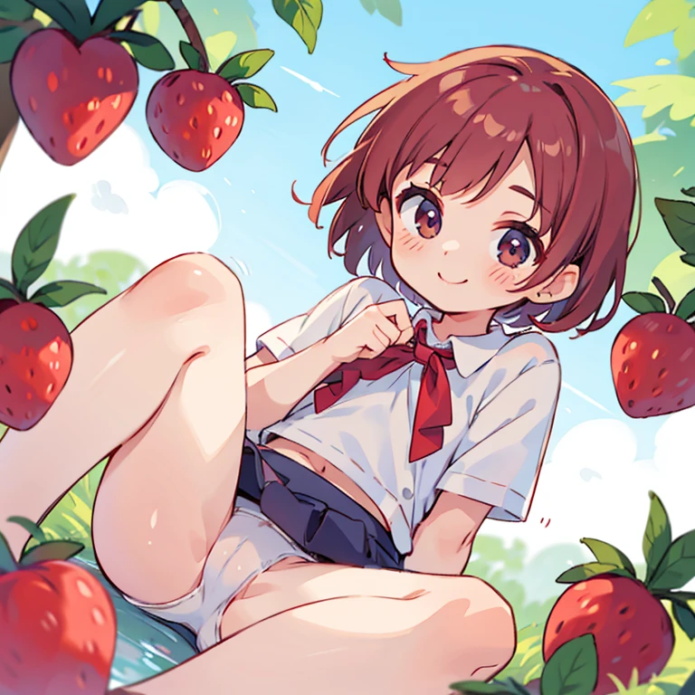 white underwear,Open your knees and spread your legs wide open,smile,Berry Short Hair,mini skirt,random angle,semi-nude
