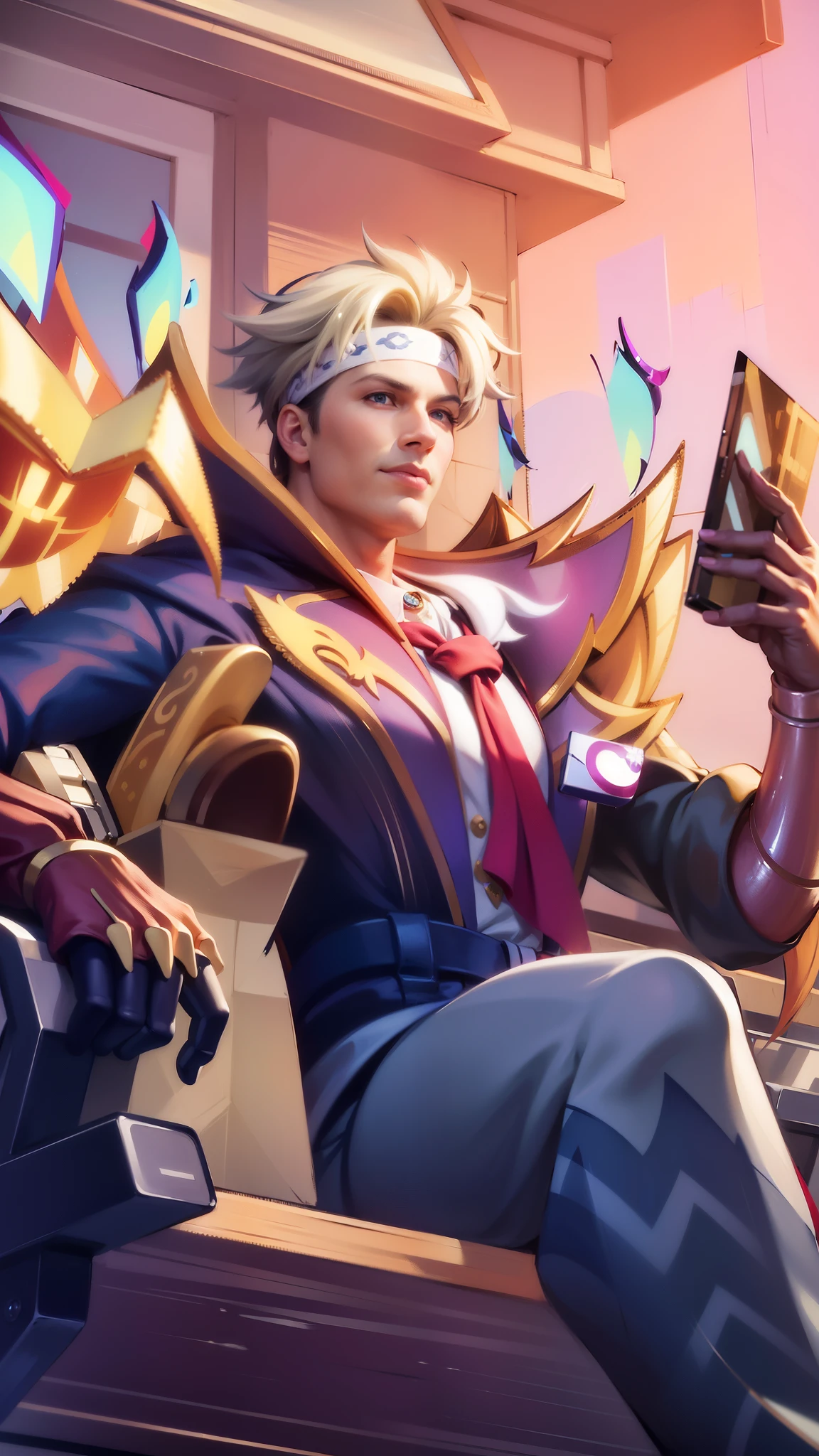 masculine male, masterpiece, ((perfect eyes)) best quality, (semirealism:1.9), beautiful lighting, (extremely detailed CG unity 4k fhd wallpaper), High Detail, Sharp focus, dramatic outdoors, 40 years old, white short hair, blue eyes, smile, white bandana.