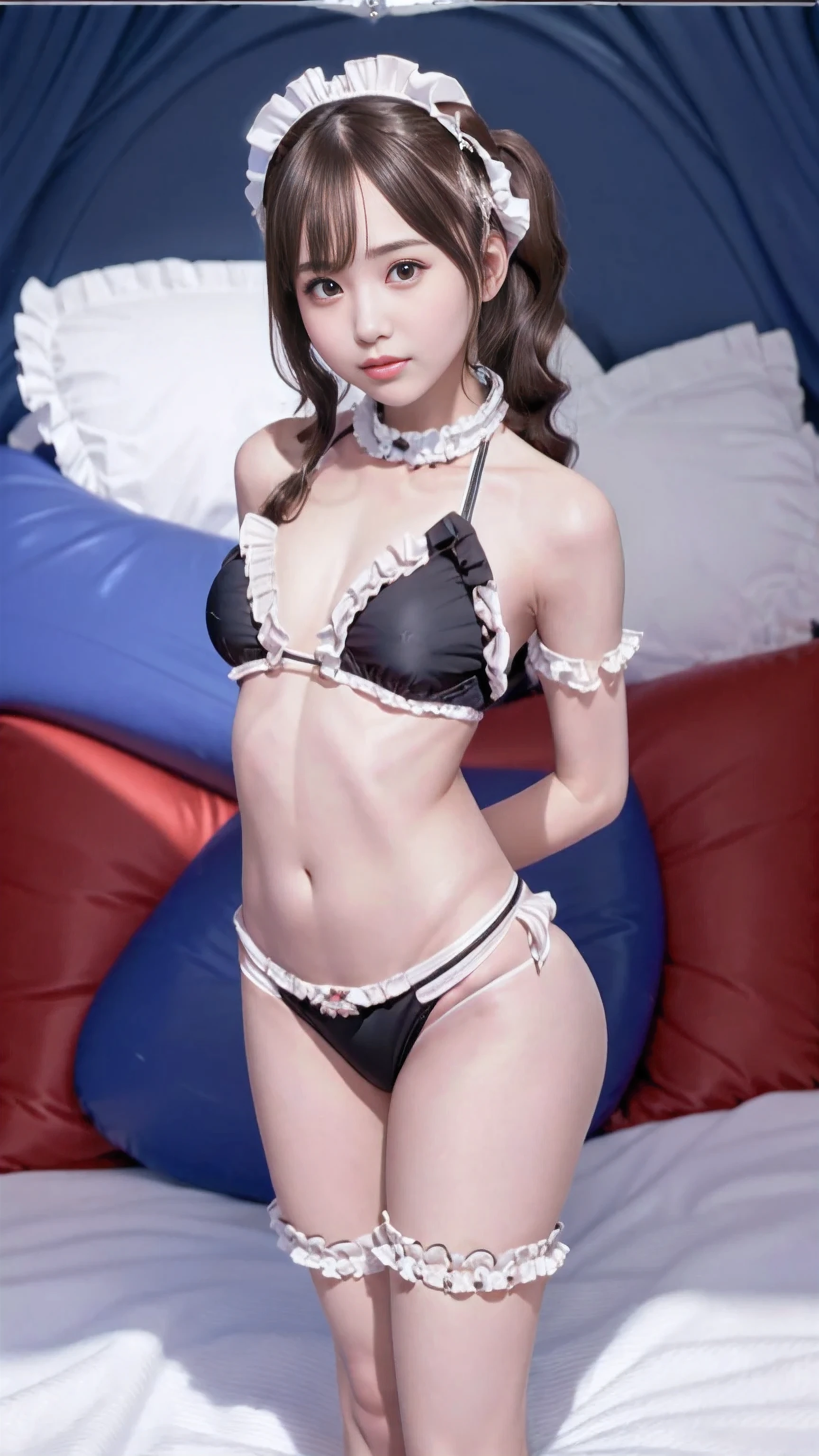 (8 times_NMKD-Super Scale_150000_G),(8K, super high quality,highest quality),(masterpiece:1.5),(1 girl),(whole body),((Notice)),(twin tails),(maid),((ruffle bikini:1.5)),(Ruffled knee-high),(turn your arms behind your back),young gravure idol, Young and cute gravure idol, attractive pose, Young sensual gravure idol, smooth skin, young gravure idol, sophisticated gravure idol,