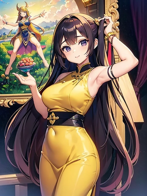 masterpiece, best quality, girl, solo, ((mature female)),, long hair, hair, princess,(upper yellow lower purple) silk dress black dress(dress) (golden dress) fantasy, happy, looking at viewer, cartoon, anime, (oil painting)Burmese girl, 18 years old, Bagan pagoda view background, clear Hd 8k