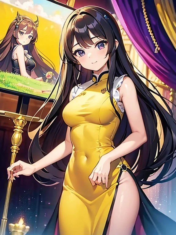 masterpiece, best quality, girl, solo, ((mature female)),, long hair, hair, princess,(upper yellow lower purple) silk dress black dress(dress) (golden dress) fantasy, happy, looking at viewer, cartoon, anime, (oil painting)Burmese girl, 18 years old, Bagan pagoda view background, clear Hd 8k