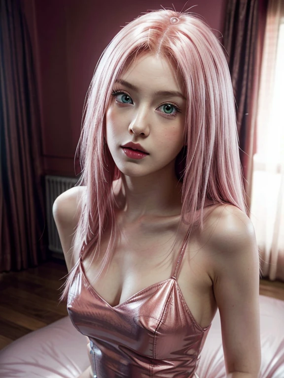 young woman, long pink hair, wide forehead, porcelain skin, pink eyebrows, big emerald green eyes, buttoned nose, thick lips, heart-shaped face, slender body, small breasts, pink leather dress, Sakura Haruno, realistic, realism black details 3d