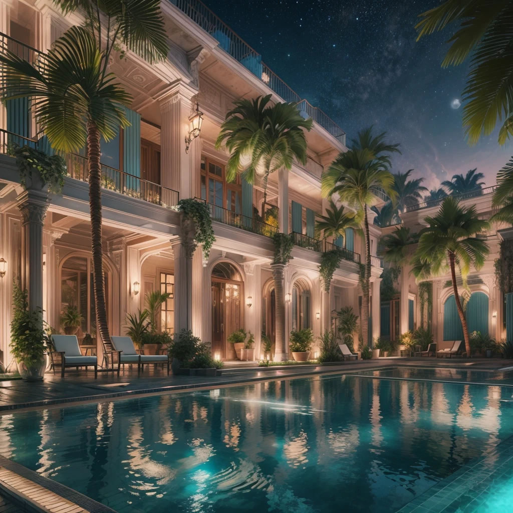 5Star luxury resort hotel, I can see the sea, pool, marble, Palm tree, night, light up, (highest quality,4K,8K,High resolution,masterpiece:1.2),Super detailed, surreal