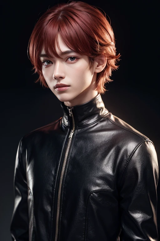 1 boy, star eye, blush, perfect illumination, red hair, red eyes, unreal engine, sidelighting, detailed face, bangs, bright skin, simple background, dark background, black clothes