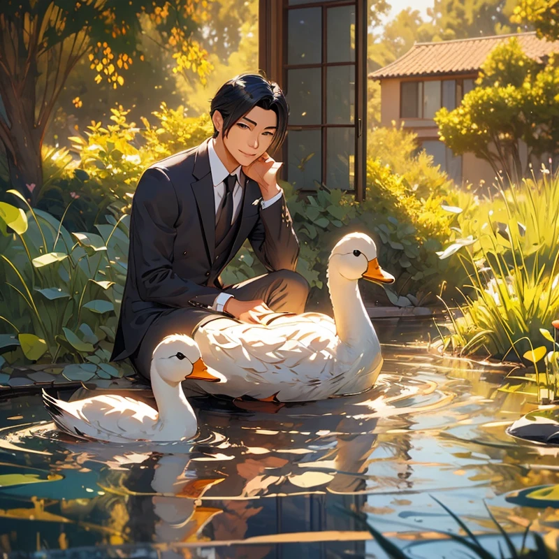 Create an image of a man with a somewhat Asian appearance, sporting neatly styled black hair of medium length, wearing a suit He should have a gentle smile and be holding a duck under his arm . a character with a style reminiscent of a manwha character, instead of having a distinctly Asian appearance. Place the character inside of a background representing a mansion, with details of a luxurious house, such as a window showing a well-kept and landscaped backyard.