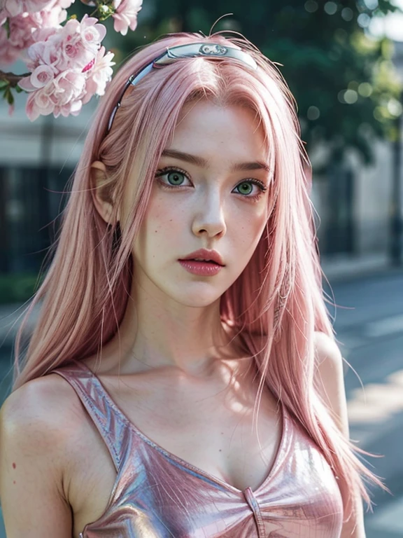 young woman, long pink hair, wide forehead, porcelain skin, pink eyebrows, big emerald green eyes, buttoned nose, thick lips, heart-shaped face, slender body, small breasts, pink leather dress, Sakura Haruno, realistic, realism black details 3d