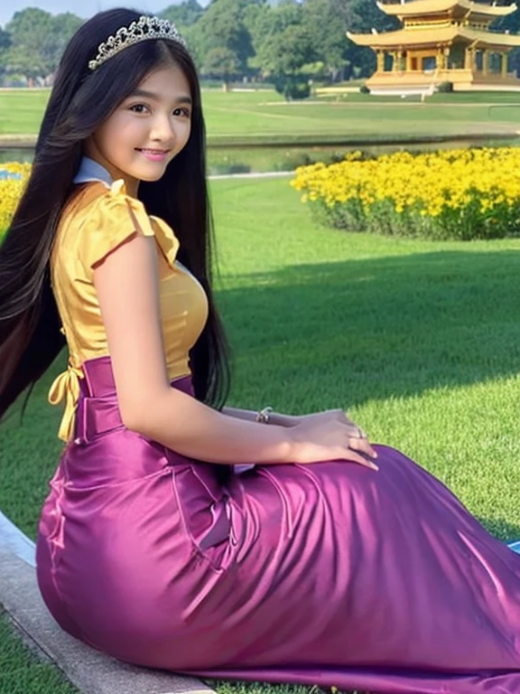 masterpiece, best quality, girl, solo, ((mature female)),, long hair, hair, princess,(upper yellow lower purple) silk dress black dress(dress) (golden dress) fantasy, happy, looking at viewer, cartoon, anime, (oil painting)Burmese girl, 18 years old, Bagan pagoda view background, clear Hd 8k