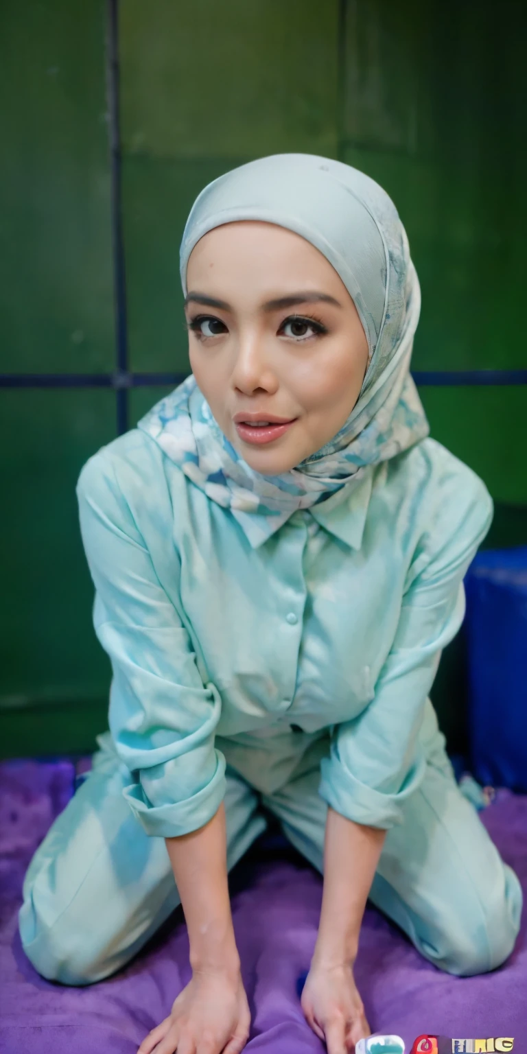 1 matured malay girl in hijab wear wet  green satin bra and panties kneeling, nighttime, neon city lights, upper body, close-up, seducing, big sagging breast, cum on face, (8k, RAW photo, best quality, masterpiece:1.2),(realistic, photo-realistic:1.37),