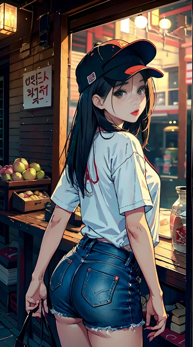 there is a woman that is looking out of a gate, young adorable korean face, Young and cute Asian face, young asian girl, A young Asian woman, Beautiful young Korean woman, wearing a baseball hat, portrait of a japanese , Young asian woman, Korean girl, wearing a cute hat, side portrait of cute girl, Chinese girl, Wearing a baseball cap。masterpaintings,Light makeup,Flaming red lips。ultrafine detailed,masterece-piece,Authentic texture,Cinematic lighting realism,perfect works,8K,Hi-Def,Delicate facial features。Wear a loose T-shirt on the upper body,The lower body is wearing a miniskirt,Thigh tie。Pear-shaped body。Rounded buttocks,Slender little man's waist,Perfect waist-hip ratio。 and cute body