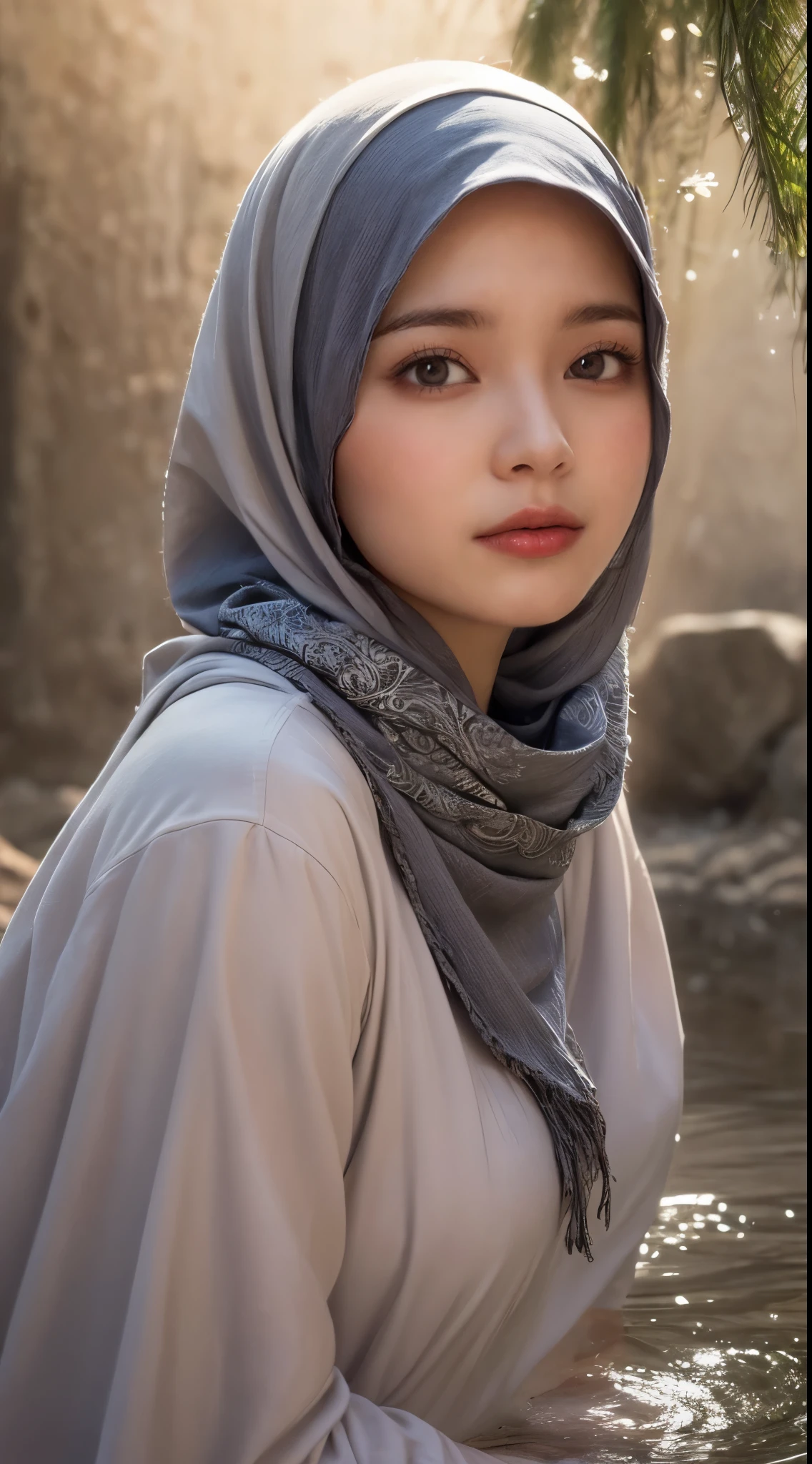 masutepiece, Best Quality, Illustration, Ultra-detailed, finely detail, hight resolution, 8K Wallpaper, Perfect dynamic composition, Beautiful detailed eyes, Natural Lip, Wear hijab moslem, fancy jubba thobbe, Random poses, water fall, close up