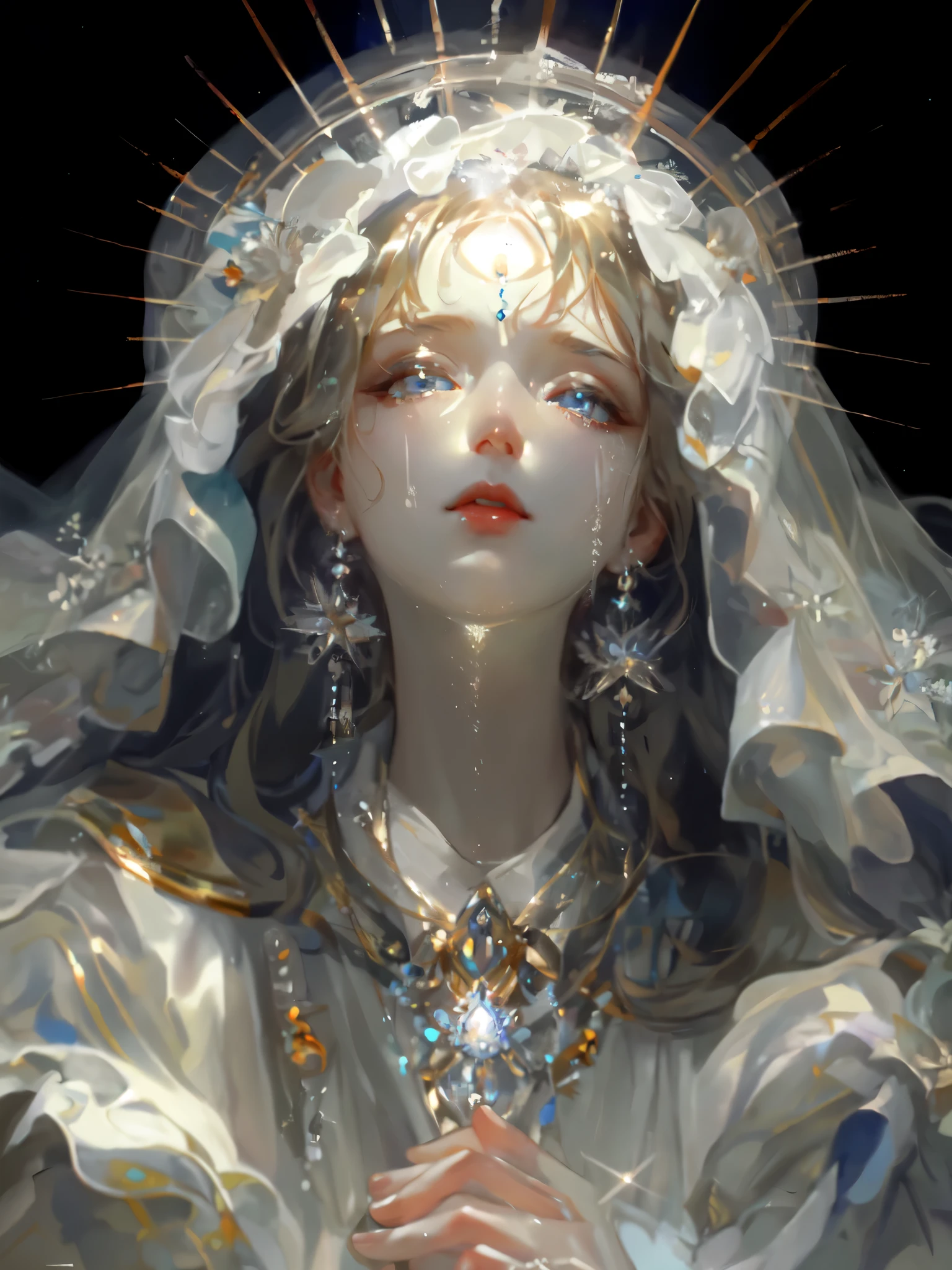 One wearing a white dress、Close-up of a woman with a crown on her head, Gurwitz Masterpiece, guweiz, guweiz on pixiv artstation, complex wlop, guweiz on artstation pixiv, guweiz style artwork, Detailed digital animation art, goddess. extremely high detail, Alphonse Mucha and Rose Drews,pale skin,red lips,beautiful aqua blue eyes,snake pupils