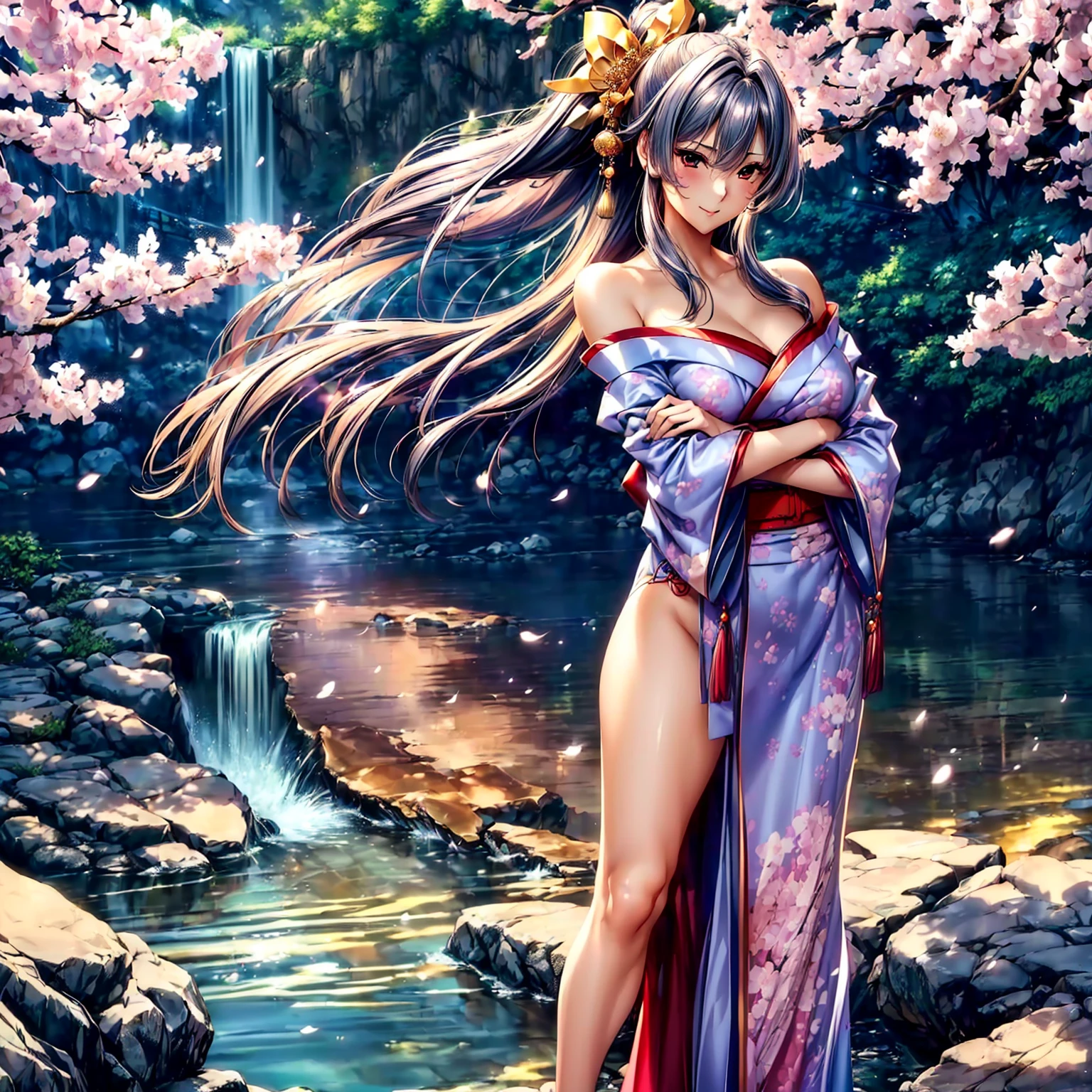 (((highest quality、masterpiece、8K quality,very high resolution)))、(A woman of perfect and ultimate beauty:18-year-old:Yamato Nadeshiko)、(beautiful face:smile、beautiful hair:Japanese hair decoration、beautiful body:Slender and beautiful breasts)、(best skin and hair texture)、(Beautiful Japan kimono:Japanese patterns and colors:Kimono sleeves and obi are long,Exposed shoulders from kimono,I can see the cleavage,I can see my thighs,whole body,Hair flutters under the influence of the wind,The sleeves and obi of the kimono flap in the wind.),((Mysterious waterfront:There are beautiful cherry blossoms and waterfalls,Fantastic night sky and beautiful full moon,beautiful scenery,beautiful scenery,Beautiful colors))、bijinga,((beautiful pose,various camera angles、model shoot)),Overall image、accurate anatomy:1.2、accurate image:1.2、highly detailed images、perfect image、Image without defects、natural soft light、beautiful images、(best shot:1.2,RAW photo:1.2)