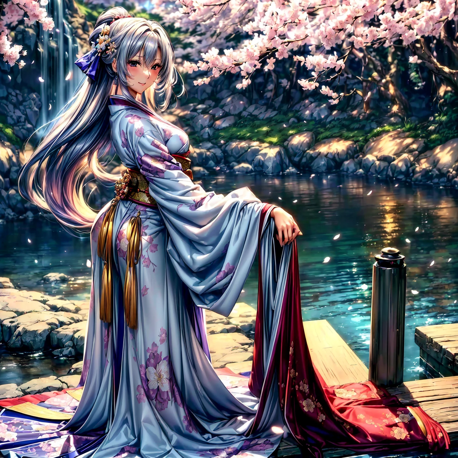 (((highest quality、masterpiece、8K quality,very high resolution)))、(A woman of perfect and ultimate beauty:18-year-old:Yamato Nadeshiko)、(beautiful face:smile、beautiful hair:Japanese hair decoration、beautiful body:Slender and beautiful breasts)、(best skin and hair texture)、(Beautiful Japan kimono:Japanese patterns and colors:Kimono sleeves and obi are long,Exposed shoulders from kimono,I can see the cleavage,I can see my thighs,whole body,Hair flutters under the influence of the wind,The sleeves and obi of the kimono flap in the wind.),((Mysterious waterfront:There are beautiful cherry blossoms and waterfalls,Fantastic night sky and beautiful full moon,beautiful scenery,beautiful scenery,Beautiful colors))、bijinga,((beautiful pose,various camera angles、model shoot)),Overall image、accurate anatomy:1.2、accurate image:1.2、highly detailed images、perfect image、Image without defects、natural soft light、beautiful images、(best shot:1.2,RAW photo:1.2)