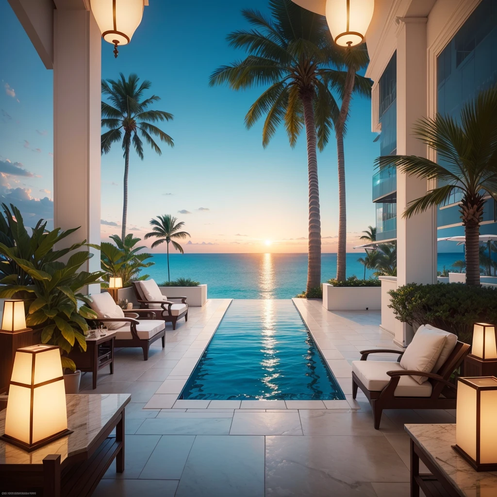 ５Star luxury resort hotel, I can see the sea, pool, marble, Palm tree, night, light up, (highest quality,4K,8K,High resolution,masterpiece:1.2),Super detailed, surreal