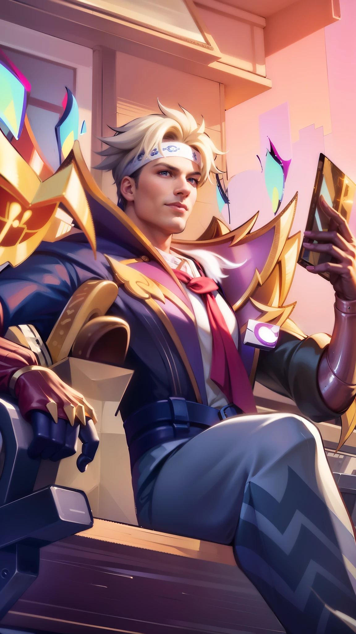 masculine male, masterpiece, ((perfect eyes)) best quality, (semirealism:1.9), beautiful lighting, (extremely detailed CG unity 4k fhd wallpaper), High Detail, Sharp focus, dramatic outdoors, 40 years old, white short hair, blue eyes, smile, white bandana.