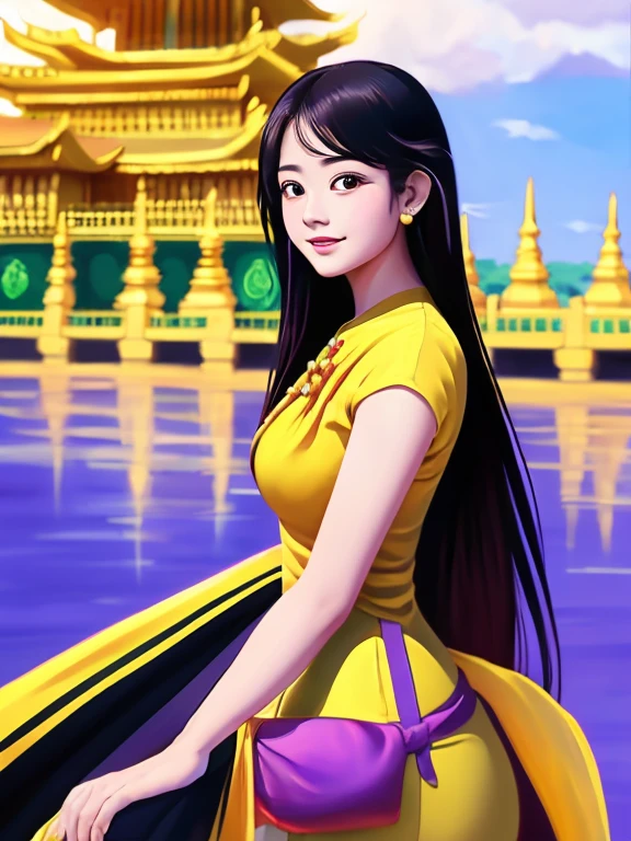 masterpiece, best quality, girl, solo, ((mature female)),, long hair, hair, princess,(upper yellow lower purple) silk dress black dress(dress) (golden dress) fantasy, happy, looking at viewer, cartoon, anime, (oil painting)Burmese girl, 18 years old, Bagan pagoda view background, clear Hd 8k