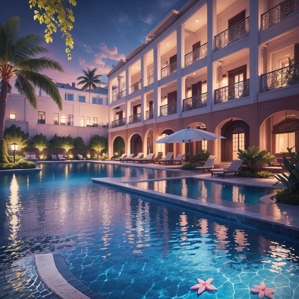 ５Star luxury resort hotel, I can see the sea, pool, marble, Palm tree, night, light up, (highest quality,4K,8K,High resolution,masterpiece:1.2),Super detailed, surreal