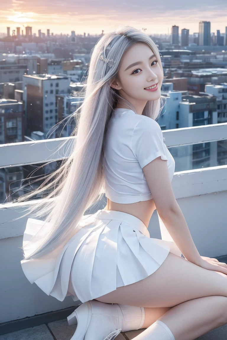 official art, masterpiece, Sharp focus beautiful gorgeous cute korean woman:1.3), (beautiful and cute korean:1.3), Korean beauty, exquisite beautiful hair、eyes and face, actual, Super detailed, beautiful girl,  Luminous white particles, (side light:1.2), sunshine, Baiyun, Detailed cloud, Slender, , smile with teeth, ((smile with eyes, open your eyes)), landscape, long, straight hair,  facial expression, architecture, (city View:1.7), dynamic hair, Delicate white hair, Luminous Blue Eyelue Pleated Shirt + Short white skirt), white stockings, pale skin, hair accessories, epic landscape,night，Nice butt，Beautiful buttocks，The skirt was lifted，，highest resolution，High heel，thin body。