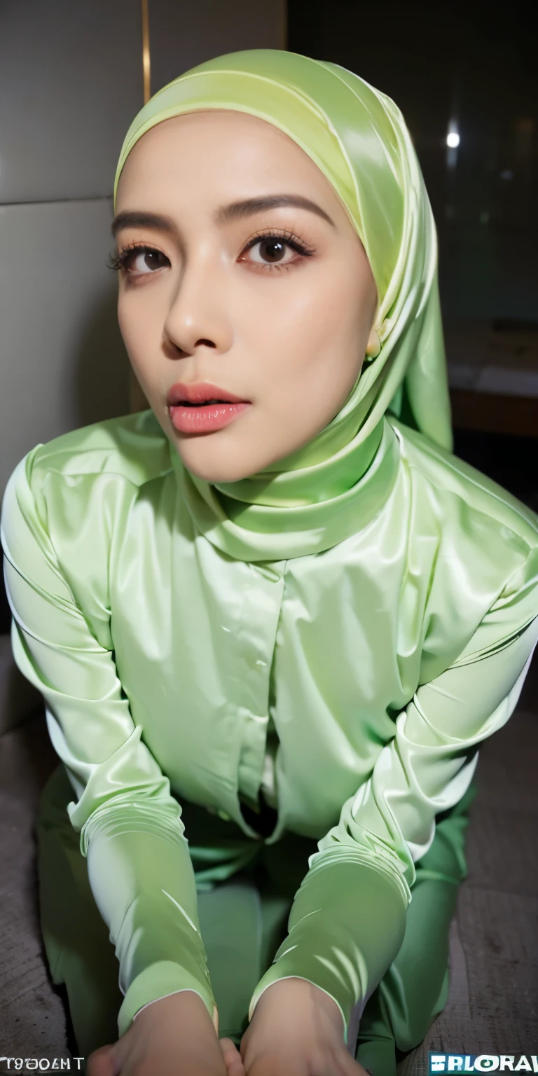 1 matured malay girl in hijab wear wet  green satin bra and panties kneeling, nighttime, neon city lights, upper body, close-up, seducing, big sagging breast, cum on face, (8k, RAW photo, best quality, masterpiece:1.2),(realistic, photo-realistic:1.37),