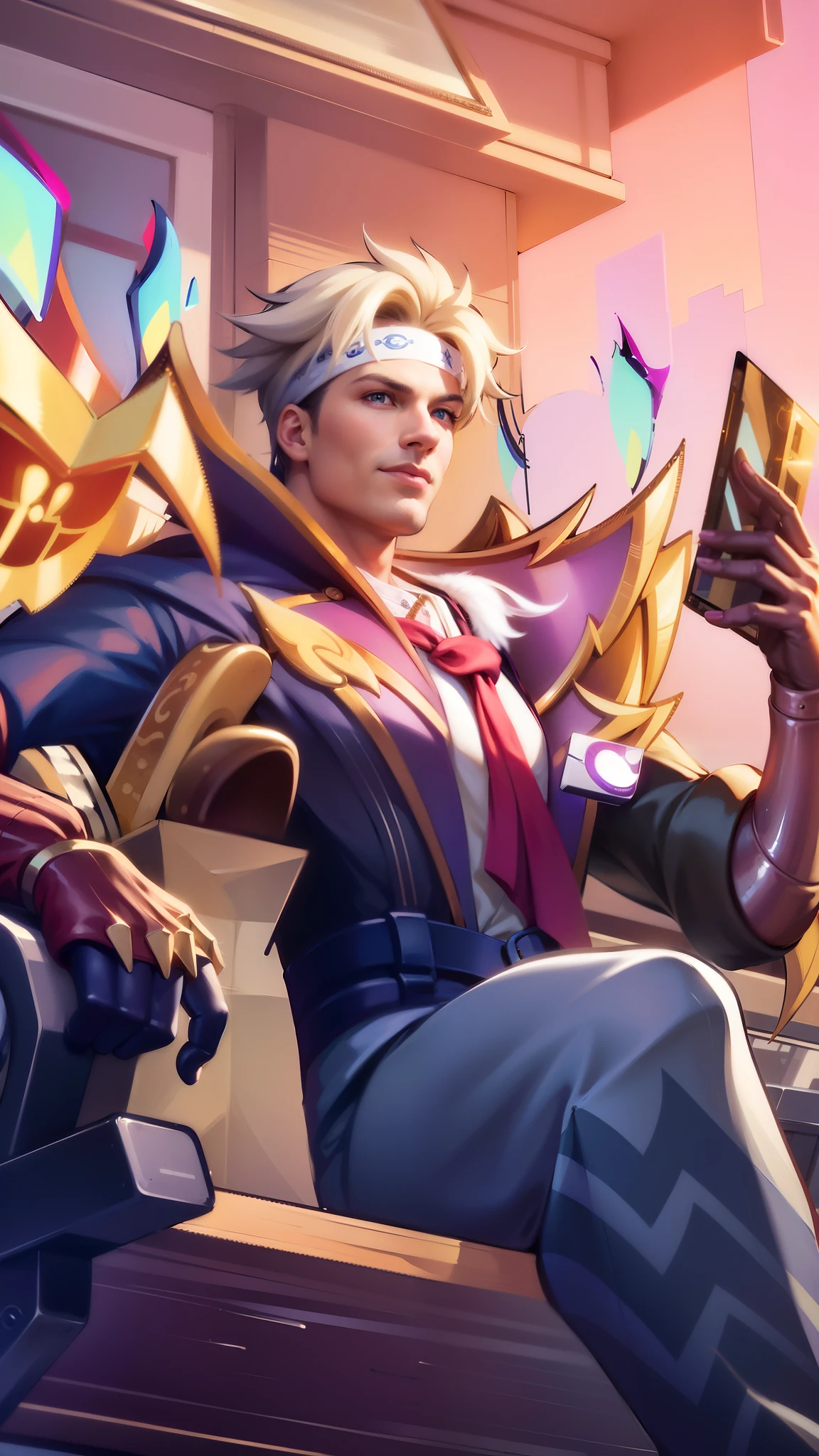 masculine male, masterpiece, ((perfect eyes)) best quality, (semirealism:1.9), beautiful lighting, (extremely detailed CG unity 4k fhd wallpaper), High Detail, Sharp focus, dramatic outdoors, 40 years old, white short hair, blue eyes, smile, white bandana.