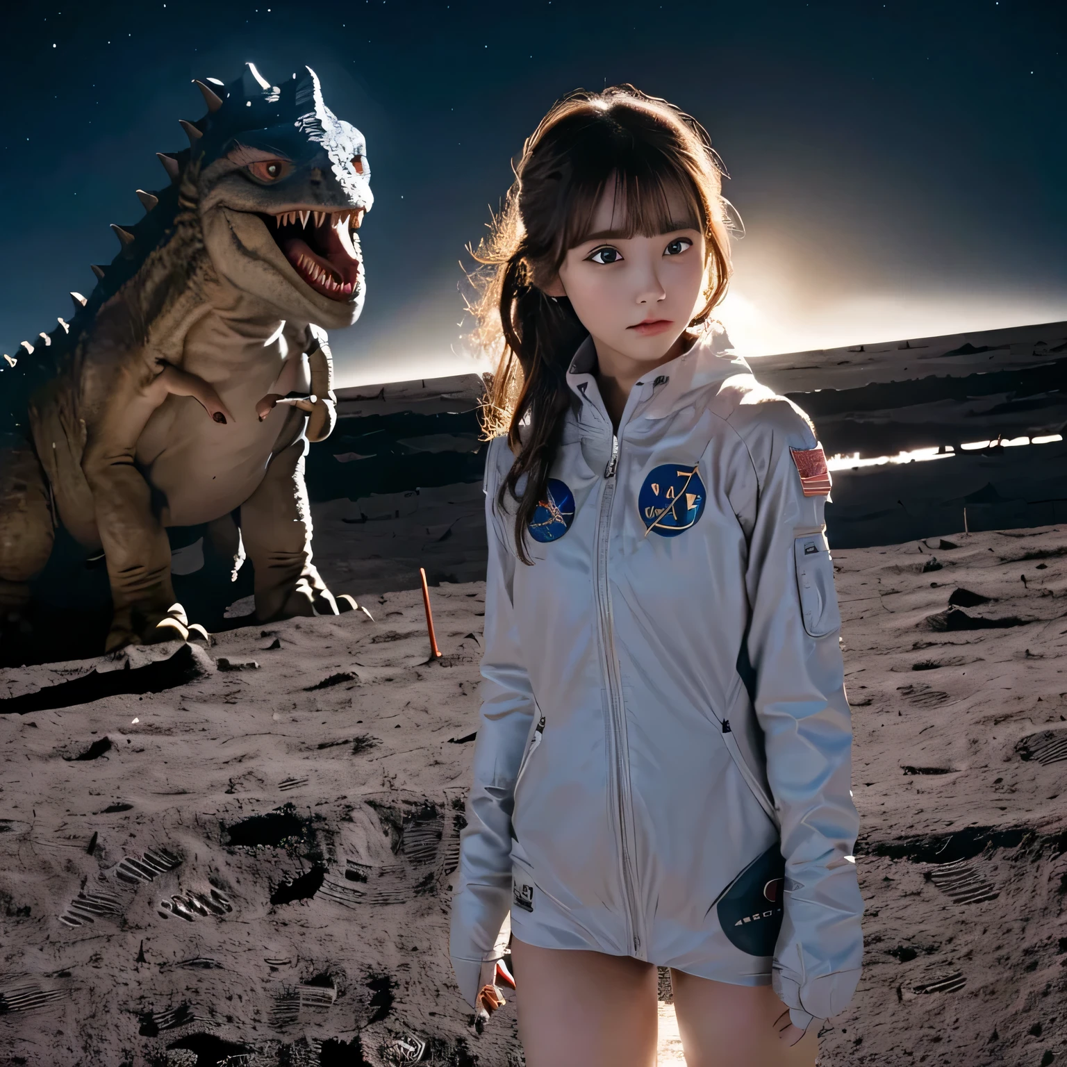 (Girl raped by monster on moon:1.5) ,(landing on the moon:1.5),( Dinosaurs in the distance:1.5),original photography,(ultimate beauty portrait、dry skin 、top quality、Super detailed、movie light、intricate details、high resolution、Very detailed、1 girl、space suit,huge breasts,cold expression、brown hair、Big eyes sparkling like gems、Harajuku、24 year old beautiful girl),space suit