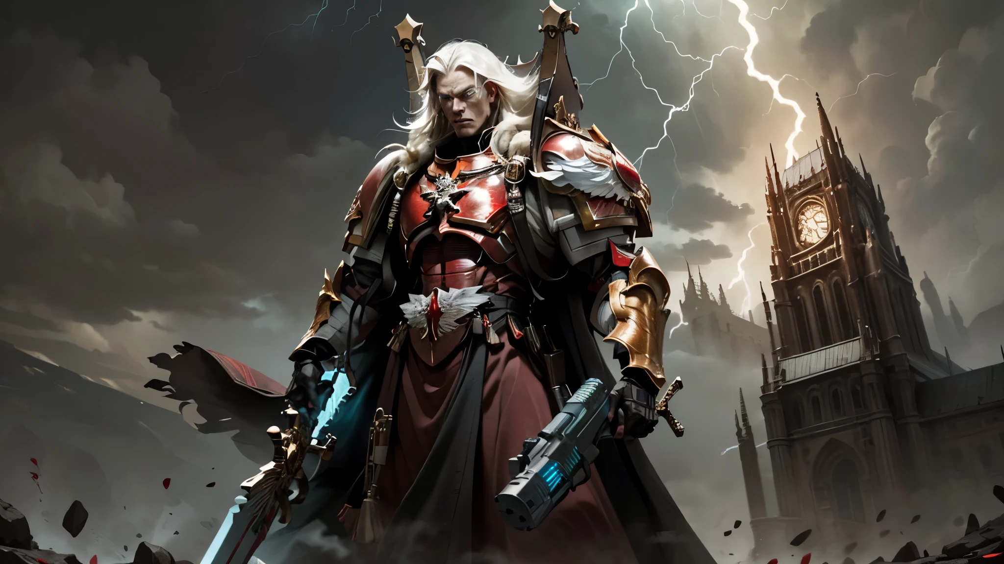 (masterpiece:1.2), (best quality:1.2), extremely detailed, cowboy shot, action shot, 
1boy, man, mephiston, long white hair, vampiric features, muscular, tall stature, foreboding, glowing eyes, blue eyes,
cybernetic attachment, blood red armor, gold trimmings, skull pauldron, tabard, torn cape, gauntlets, black fur, plate armor, full armor, 
left hand holding gun, right hand holding giant sword,  
casting lightning magic, in the middle of battle, 
red lightning,  thunderstorm background, horror-esque scenery,  