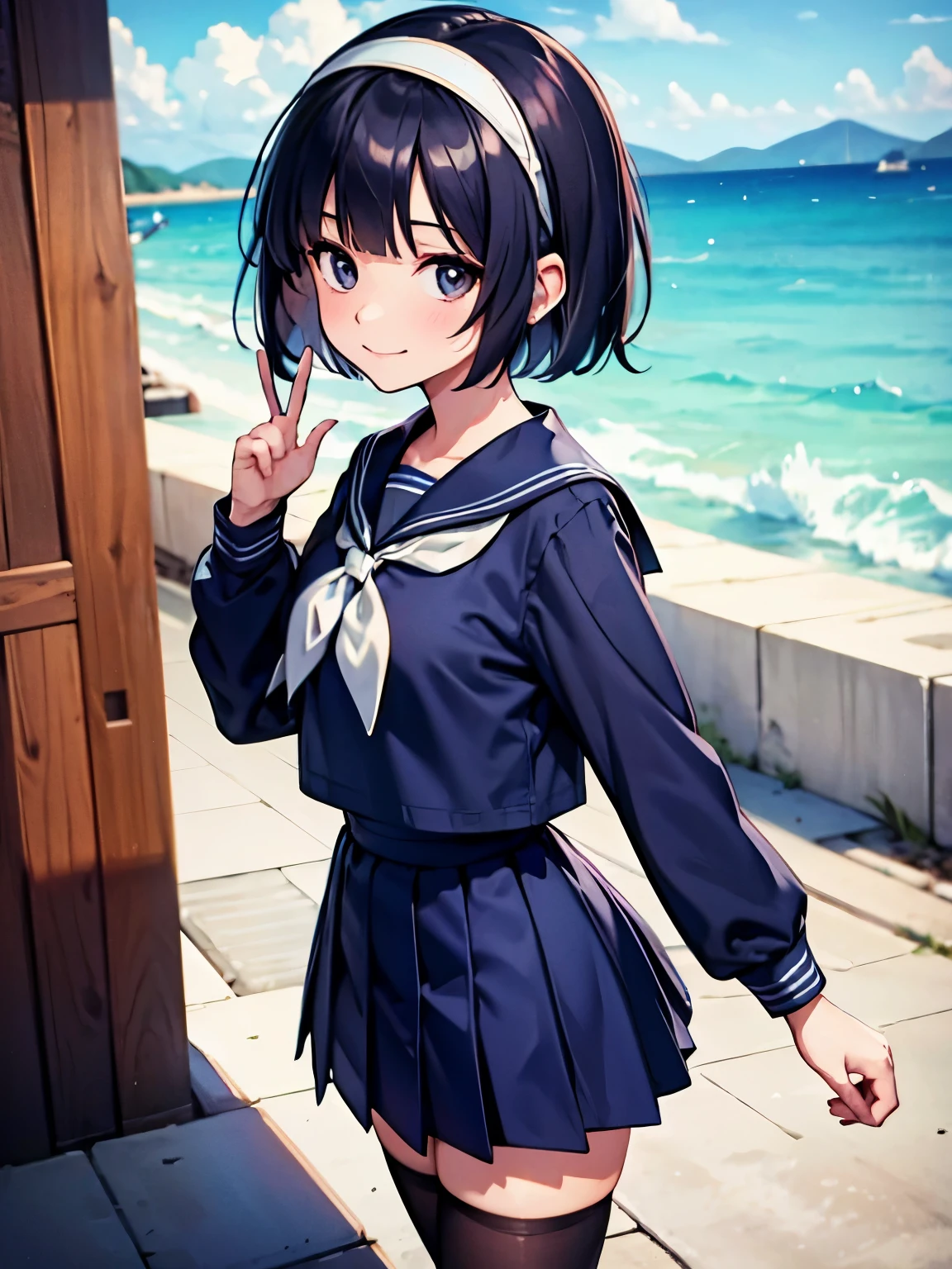  (Highly detailed CG unity 8k), (highest quality)，(very detailed)，(ultra high resolution), (fine eyes), (detailed facial features), (Detailed features of clothing), HDR, 8K resolution,  navy blue sailor uniform, High school girl in sailor suit, Dark blue skirt, Anime 2D rendering, smile, black hair, (((navy blue sailor uniform))), black stockings, (((school scenery))), (((small face))), bob cut, ((White headband)), victory pose,  